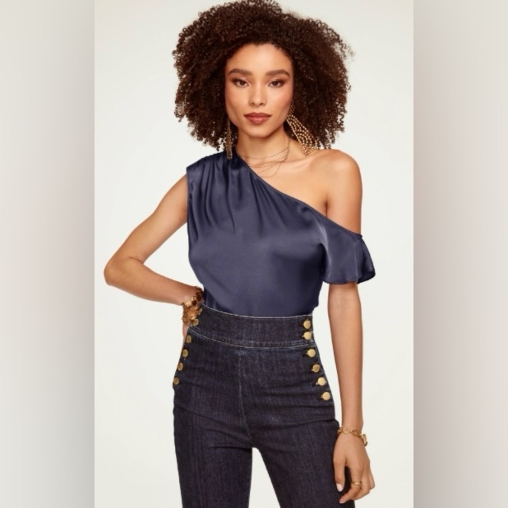 💓Ramy Brook Lilianna Satin One Shoulder Navy Blue Blouse Size XXS, also fits XS